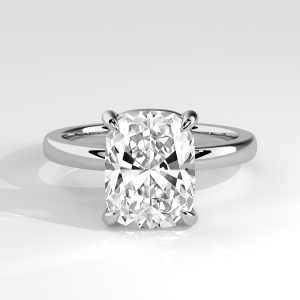 Cushion solitaire engagement ring with open basket and plain rounded band