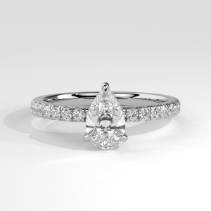 Pear cut diamond ring with pave-set straight band in open basket setting