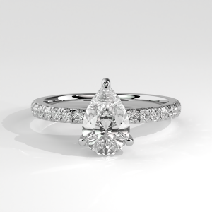 Pear-shaped diamond three-prong engagement ring with pave band