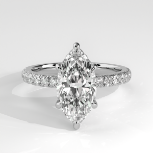 Marquise diamond engagement ring with pavé band and six-prong basket setting
