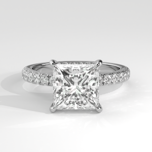 Princess cut pave diamond engagement ring with four-prong basket setting