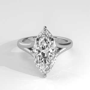 Marquise solitaire engagement ring with split shank shoulders in an open gallery setting
