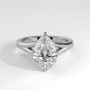 Five-prong pear-shaped solitaire engagement ring in a cathedral setting