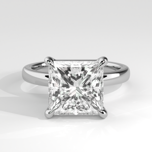 Princess cut solitaire engagement ring with polished tapered band and four prongs