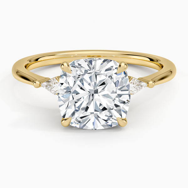 18K Gold, 2.5 CT Cushion Cut Cometa Three Stone Diamond Ring