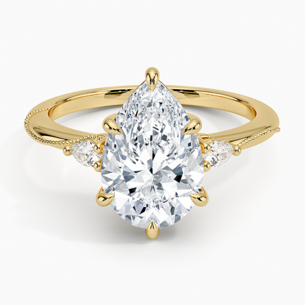 18K Gold, 2.5 CT Pear Cut Camellia Three Stone Diamond Ring