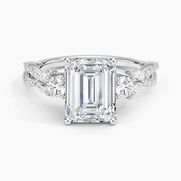 14K Gold, 2 CT Emerald Cut Twisted Willow Three Stone Diamond Ring
