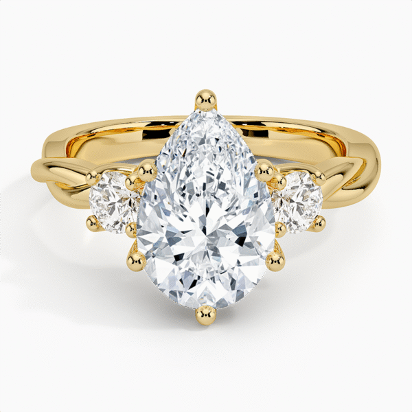 18K Gold, 2.5 CT Pear Cut Twisted Vine Three Stone Diamond Ring