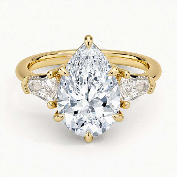 18K Gold, 3 CT Pear Cut Shield Cut Three Stone Diamond Ring