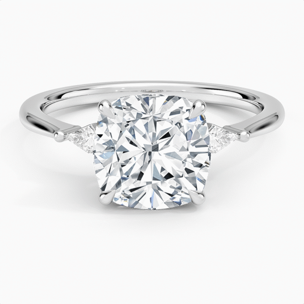 14K Gold, 2.5 CT Cushion Cut Cometa Three Stone Diamond Ring