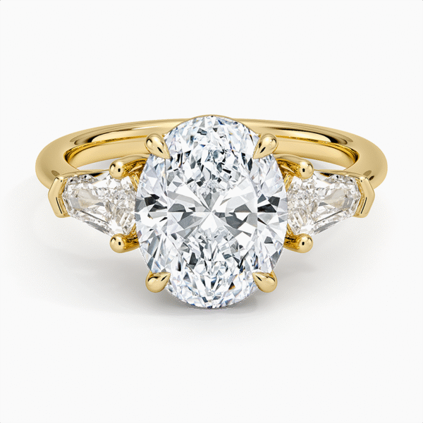 18K Gold, 2.5 CT Oval Cut Shield Cut Three Stone Diamond Ring