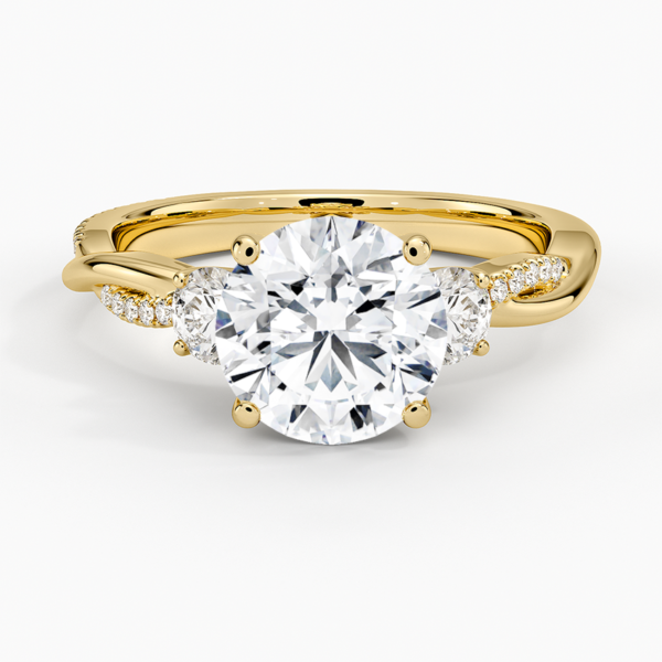 18K Gold, 2 CT Round Cut Twisted Vine Three Stone Diamond Ring