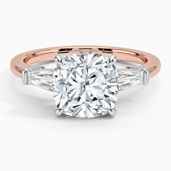 14K Gold, 3 CT Cushion Cut Mixed Metal Symphony Three Stone Diamond Ring