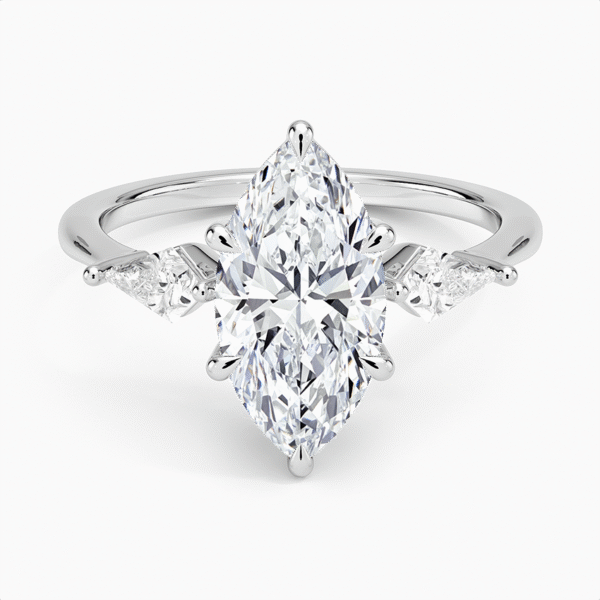 14K Gold, 2 CT Marquise Cut Cometa Three Stone Diamond Ring