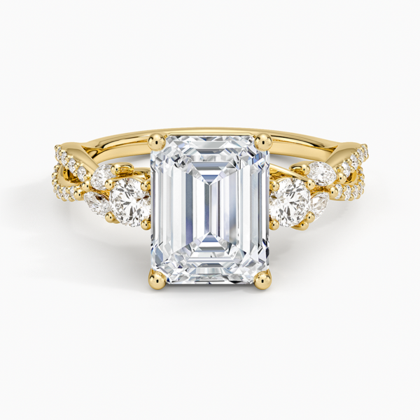 18K Gold, 2 CT Emerald Cut Twisted Willow Three Stone Diamond Ring