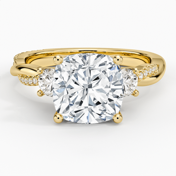 18K Gold, 3 CT Cushion Cut Twisted Vine Three Stone Diamond Ring