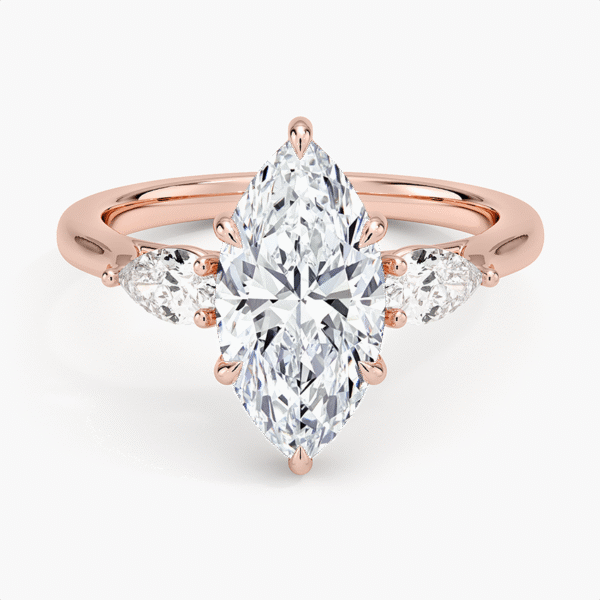 14K Gold, 2 CT Marquise Cut Opera Perfect Fit Three Stone Diamond Ring