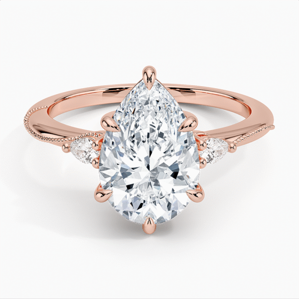 14K Gold, 2.5 CT Pear Cut Camellia Three Stone Diamond Ring