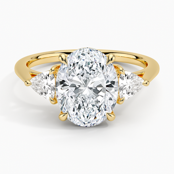18K Gold, 2.5 CT Oval Cut Trillion Three Stone Diamond Ring