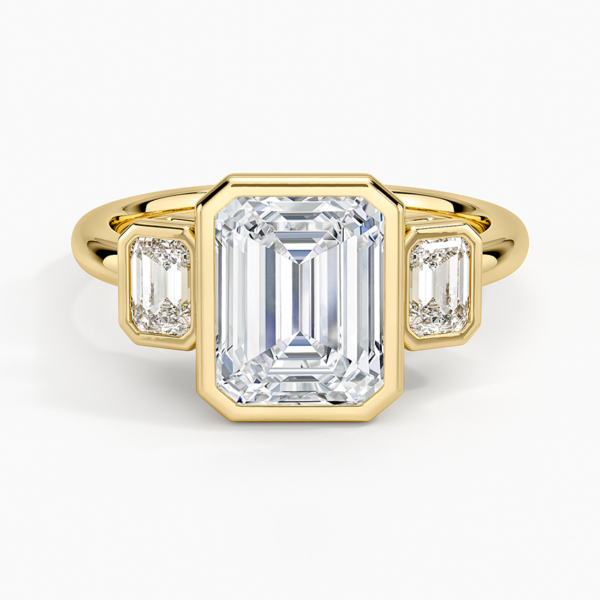 14K Gold, 2 CT Emerald Cut Rhiannon Bezel Three Stone Diamond Ring