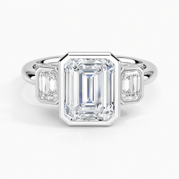 18K Gold, 2 CT Emerald Cut Rhiannon Bezel Three Stone Diamond Ring