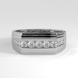 Wide band with six round channel-set diamonds and grooved accents