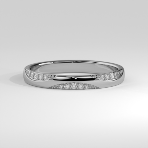 Slim wedding band with pavé round diamonds in swirling pattern