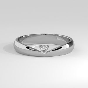 Minimalist round solitaire engagement ring with V-shaped setting and polished tapered band