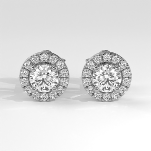 Round diamond halo stud earrings with four-prong setting and halo frame