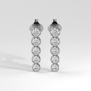 Vertical drop earrings featuring five bezel-set round diamonds in a sleek, modern design