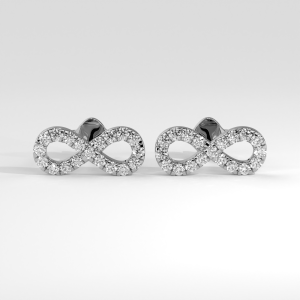 Infinity motif diamond pavé stud earrings with round stones displayed on white background