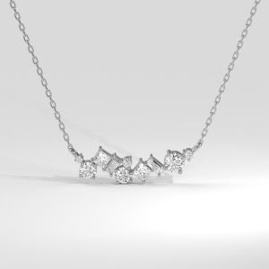 Mixed shape diamond bar pendant necklace with alternating round, princess, and baguette stones
