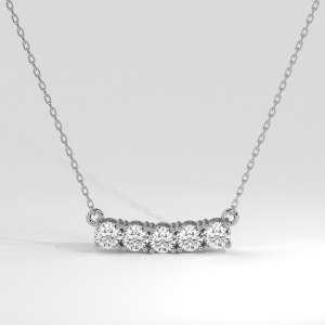 Curved bar pendant necklace with five round stones set in shared prongs