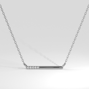 Bar pendant necklace with five round diamonds set at one end on a fine chain