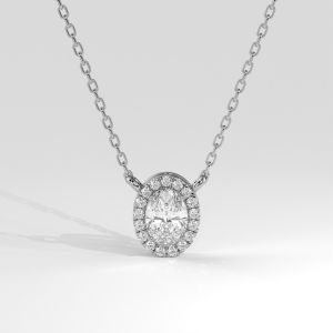 Oval halo diamond pendant with prong setting on classic chain