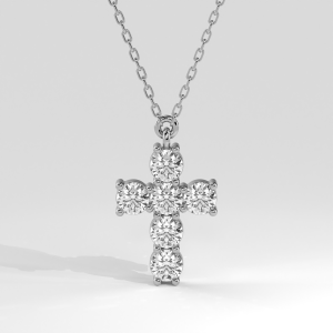 Elegant cross pendant with six round diamonds in prong settings, suspended from a chain